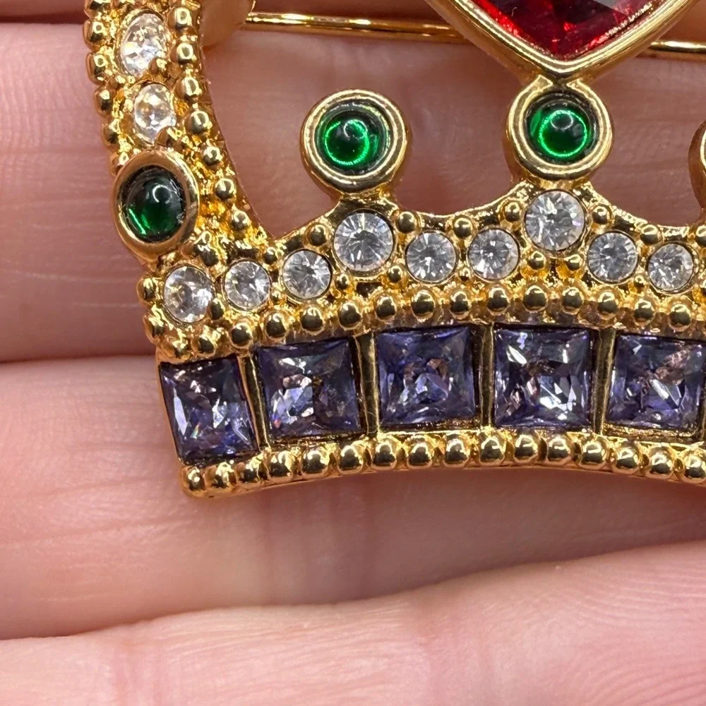 Vintage Swarovski Crown Brooch Gold Tone Heart Green Purple